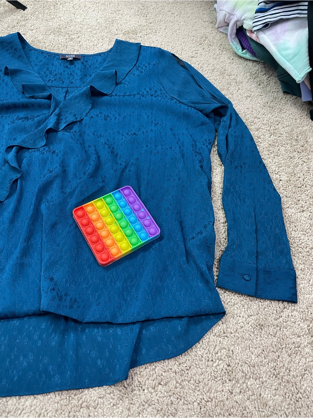 NYDJ Teal Ruffle Split-Sleeve Blouse - Picture 7 of 16